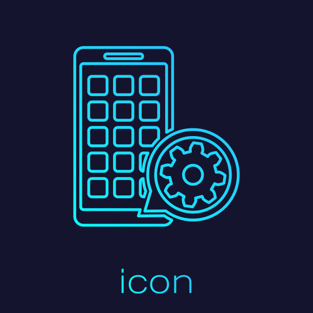 绿松石移动应用程序和齿轮线图标孤立在蓝色背景。调整app，服务理念，设置选项，维护，维修，固定。矢量图图片下载