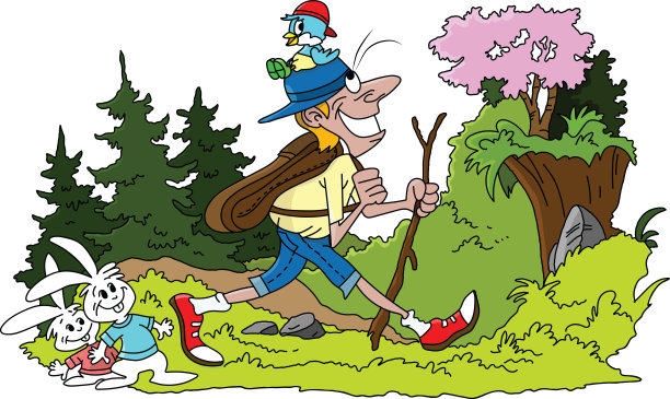 卡通人物在森林中徒步旅行矢量插图图片下载