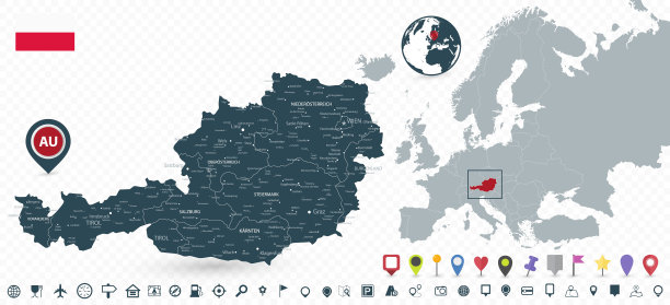 奥地利地图和奥地利位置在欧洲地图上孤立的透明背景图片下载