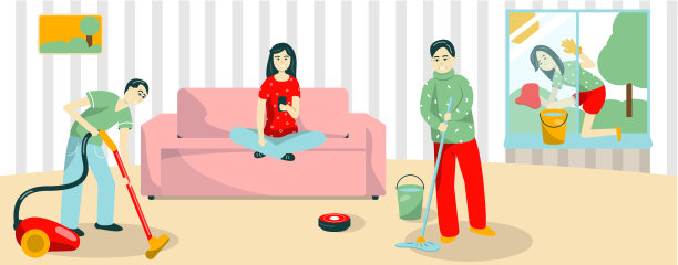 这家人打扫公寓。爸爸吸尘，妈妈擦窗户，爷爷擦地板，女儿启动吸尘器机器人。矢量平面插图风格的卡通。图片下载