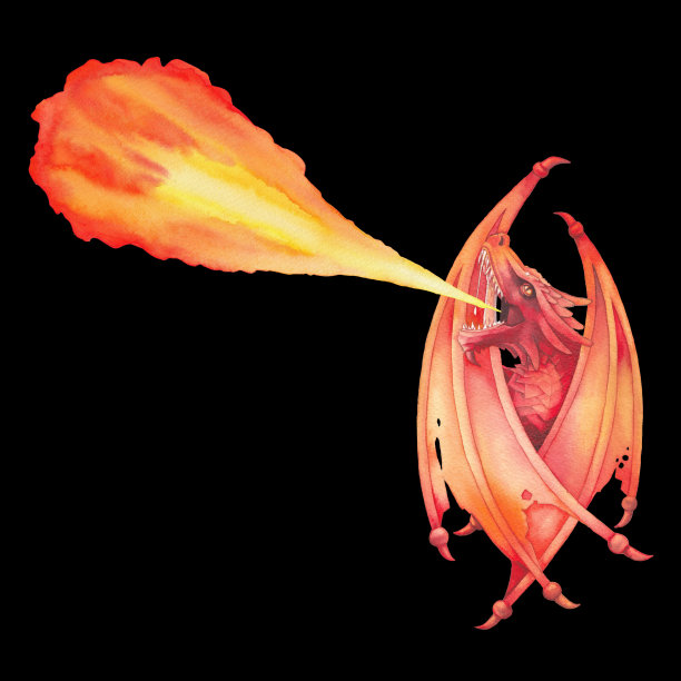 折叠翅膀的水彩画龙喷出火焰的火焰图片下载
