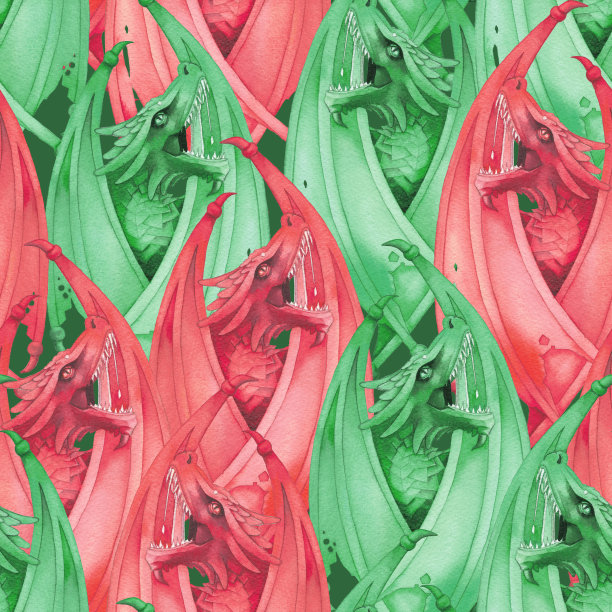 咆哮水彩龙的图案与关闭的翅膀图片下载