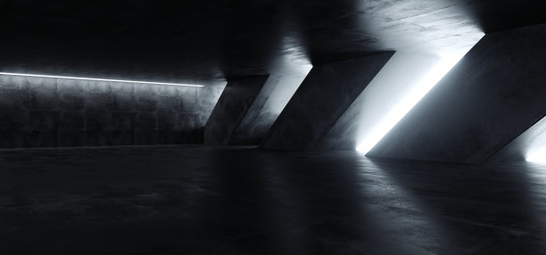 科幻现代混凝土水泥黑暗空沥青反射垃圾大厅房间走廊隧道太空船发光白色电影日光发光3d渲染图片下载