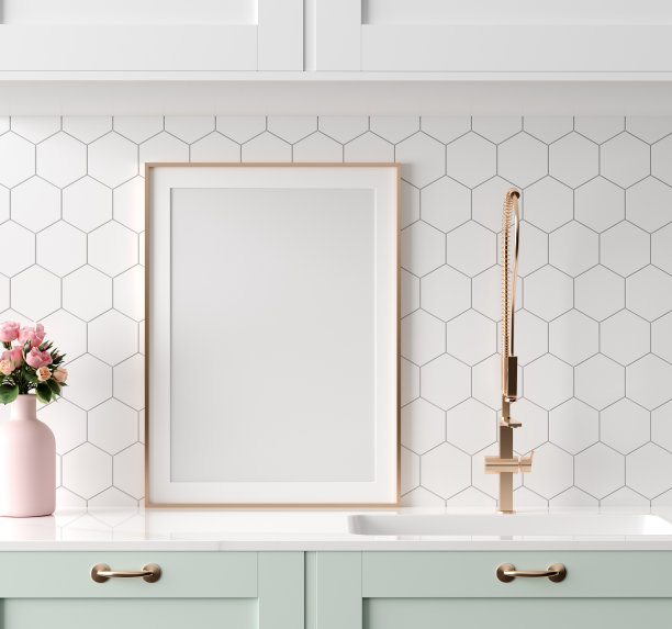 模拟海报框架在厨房内部，斯堪的纳维亚风格图片下载