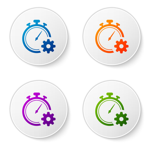 彩色时间管理图标隔离在白色背景。时钟和齿轮标志。生产力的象征。在圆形按钮中设置图标。矢量图图片下载