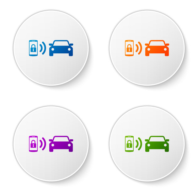 彩色智能汽车报警系统图标隔离在白色背景。智能手机通过无线控制汽车安全。在圆形按钮中设置图标。矢量图图片下载