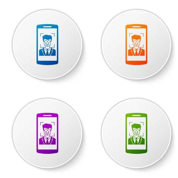 彩色手机和人脸识别图标隔离在白色背景。人脸识别扫描仪图标。面部id。网络安全的概念。在圆形按钮中设置图标。矢量图图片下载
