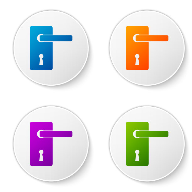 彩色门把手图标隔离在白色背景。门锁的迹象。在圆形按钮中设置图标。矢量图图片下载