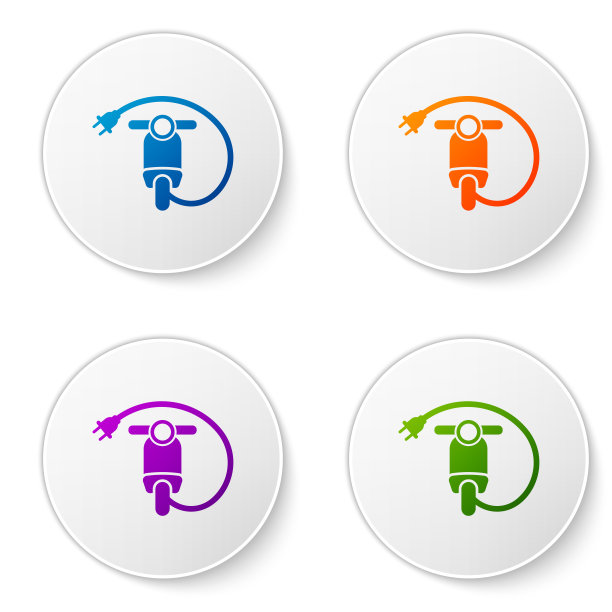 彩色电动滑板车图标孤立在白色背景。在圆形按钮中设置图标。矢量图图片下载