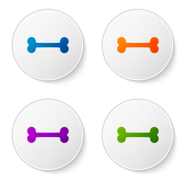 颜色狗骨头图标孤立在白色背景。宠物食品的象征。在圆形按钮中设置图标。矢量图图片下载