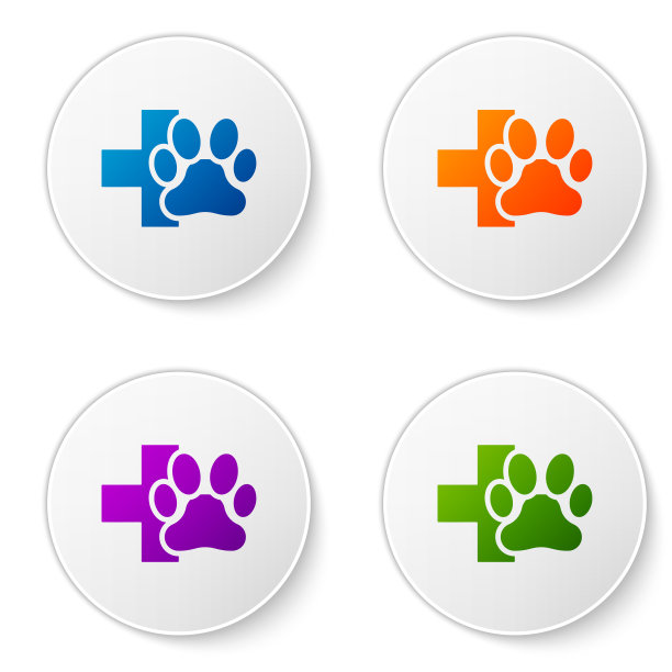 彩色兽医诊所标志图标孤立在白色背景。十字医院的迹象。一个程式化的爪印狗或猫。宠物急救标志。在圆形按钮中设置图标。矢量图图片下载