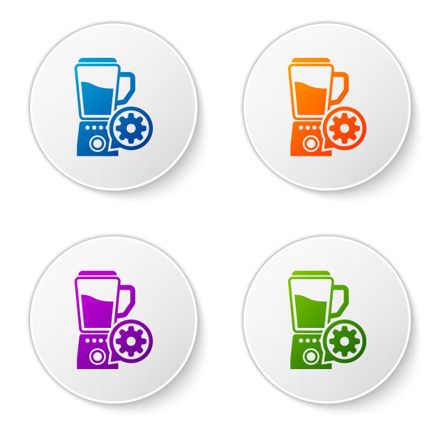 颜色搅拌机与碗和齿轮图标隔离在白色背景。调整app，服务理念，设置选项，维护，维修，固定。在圆形按钮中设置图标。矢量图图片下载