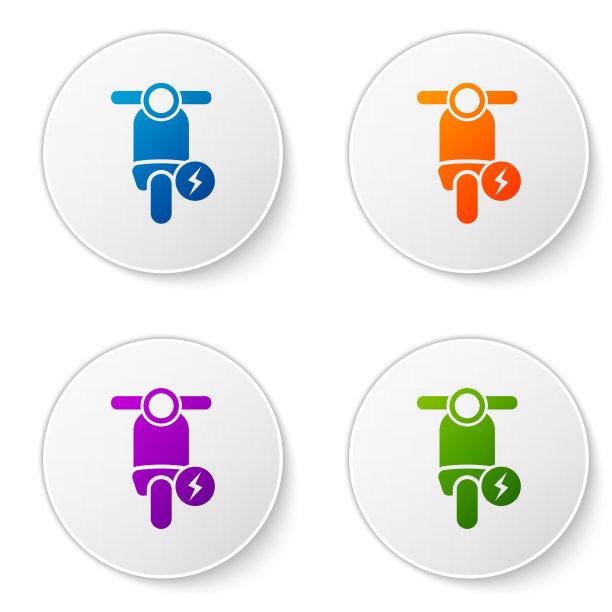 彩色电动滑板车图标孤立在白色背景。在圆形按钮中设置图标。矢量图图片下载