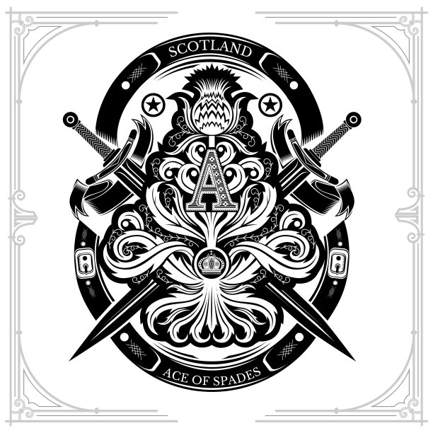 黑桃A从蓟花图案与十字剑和大写字母A里面。设计元素孤立在白色上图片下载