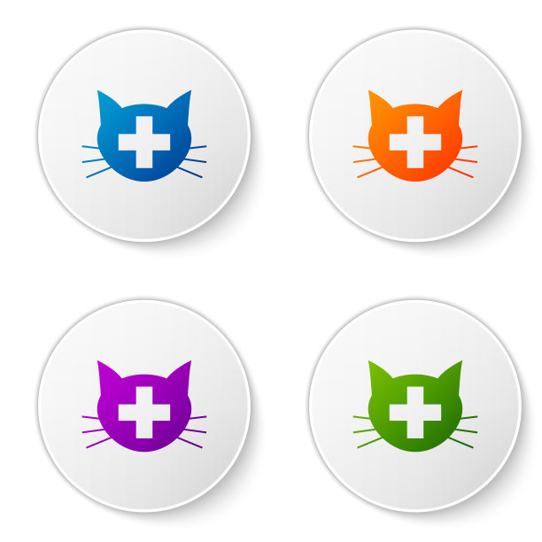 彩色兽医诊所标志图标孤立在白色背景。交叉猫兽医护理。宠物急救标志。在圆形按钮中设置图标。矢量图图片下载