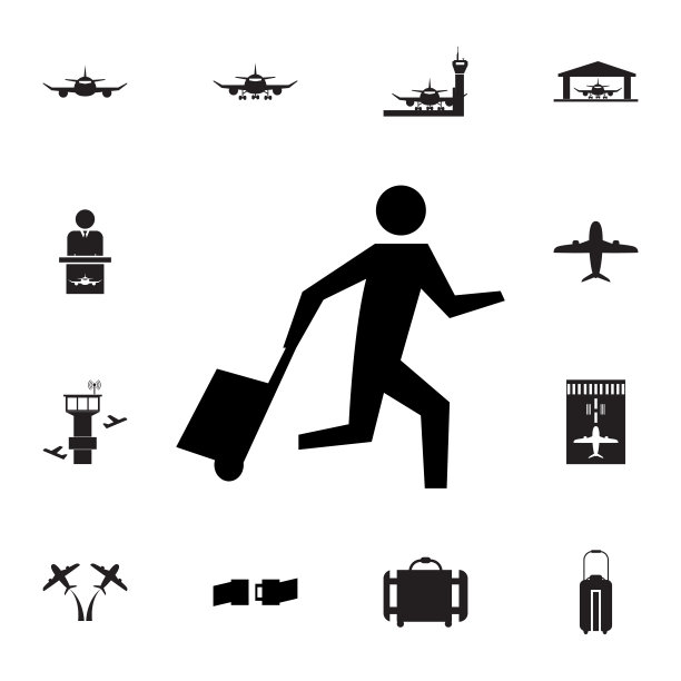 乘客拉卷袋的图标。一组机场元素图标。优质航空平面设计图标收集网站，网页设计，移动应用程序图片下载