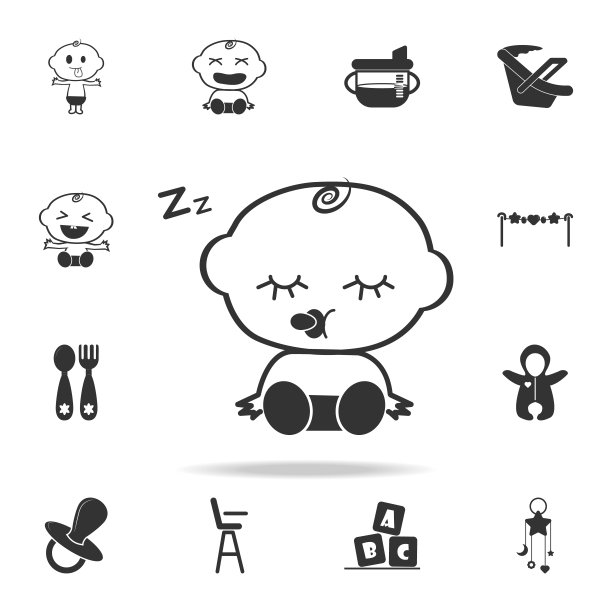 熟睡的男婴图标。一套儿童和婴儿玩具图标。网络图标优质的图形设计。标志和符号集合，简单的网站图标，网页设计图片下载