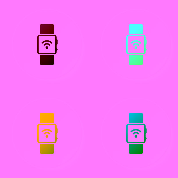 彩色智能手表与无线符号图标隔离在白色背景。设置圆形按钮中的颜色图标。矢量图图片下载