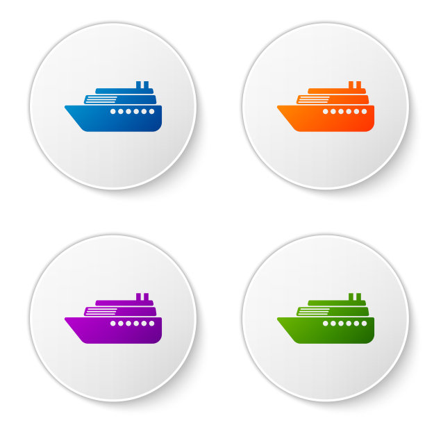 彩色船图标孤立在白色背景。设置圆形按钮中的颜色图标。矢量图图片下载