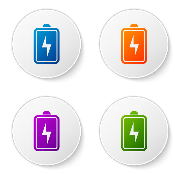 彩色电池图标隔离在白色背景。闪电的象征。设置圆形按钮中的颜色图标。矢量图图片下载