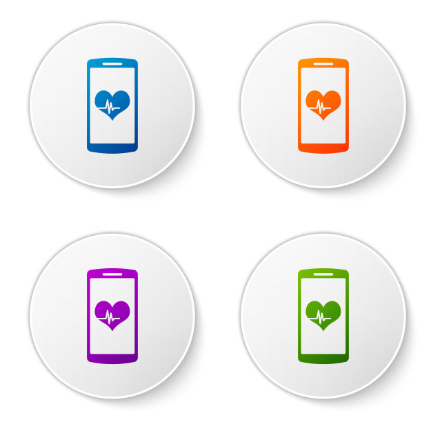 彩色智能手机与心率监测功能图标隔离在白色背景。设置圆形按钮中的颜色图标。矢量图图片下载