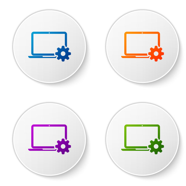 彩色笔记本电脑和齿轮图标上的白色背景。笔记本电脑服务理念。调整应用程序，设置选项，维护，修复，固定笔记本概念。设置圆形按钮中的颜色图标。矢量图图片下载