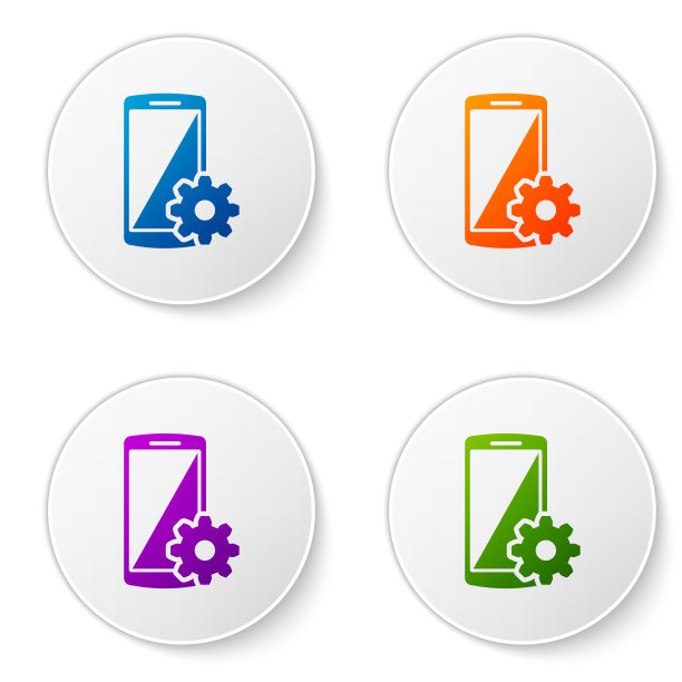 颜色设置在智能手机屏幕上的白色背景图标。手机和齿轮标志。调整应用程序，设置选项，修复，修复手机概念。设置圆形按钮中的颜色图标。矢量图图片下载
