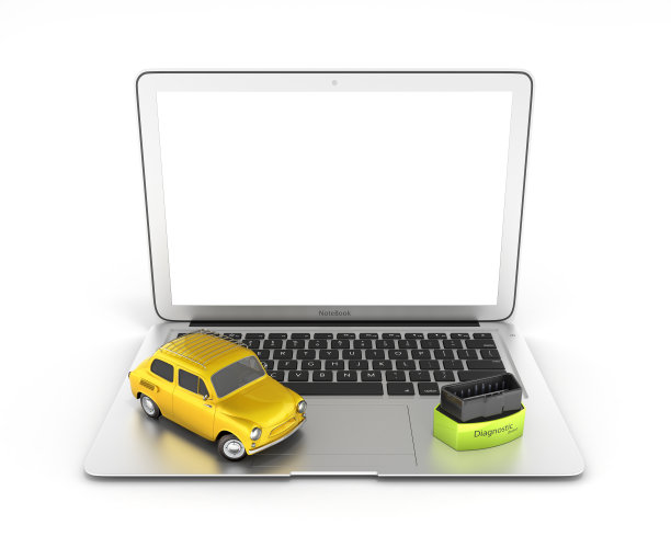汽车诊断概念接近笔记本电脑与OBD2无线扫描仪和复古汽车在白色背景3d插图图片下载