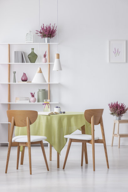 在优雅的餐厅餐桌上的椅子与盆花和架子上的配件，真实的照片图片下载