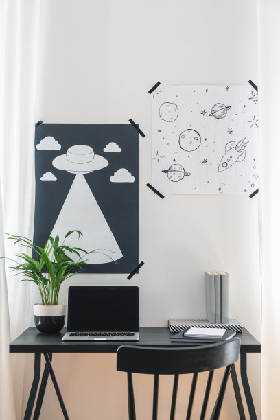 墙上时尚的海报上面的黑色书桌上有笔记本电脑，植物和书籍在现代家庭办公室，真实的照片图片下载