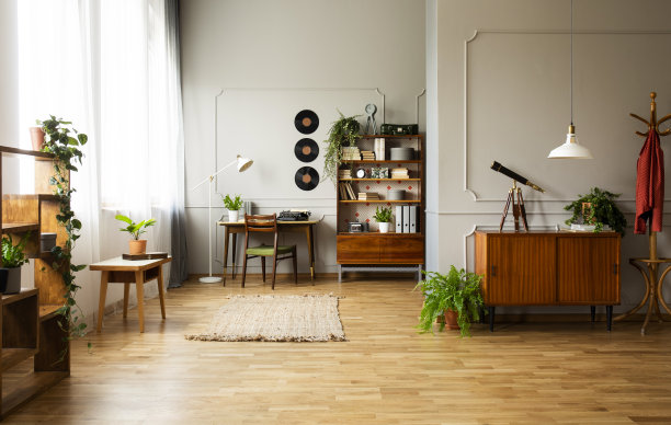 家庭办公室室内设计与复古家具的真实照片图片下载