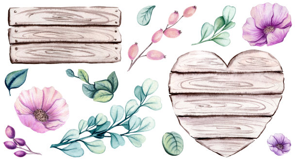 一套水彩叶子，花和树林图片下载