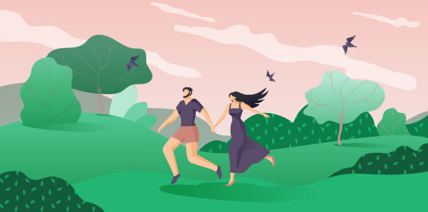 情人男人和女人跑过森林卡通。图片下载