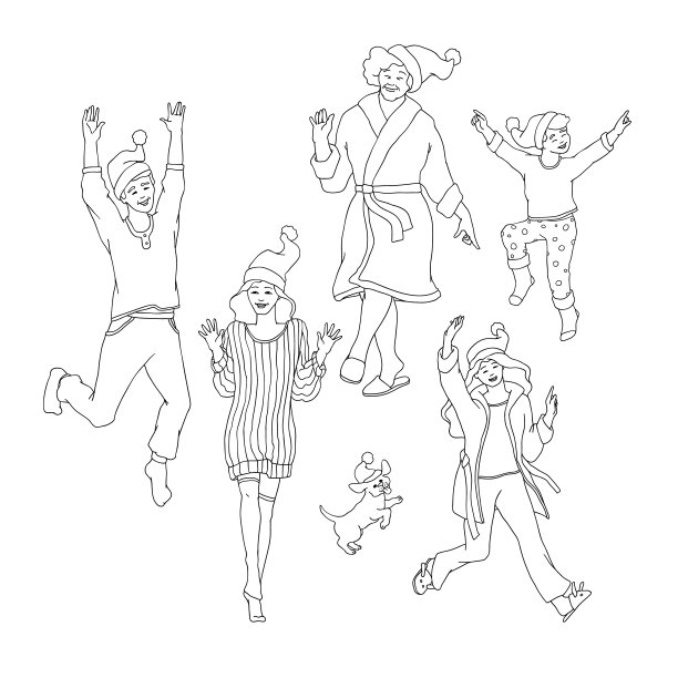 矢量插图一套幸福的家庭成员在家里的衣服和圣诞老人的帽子与快乐的跳跃。图片下载