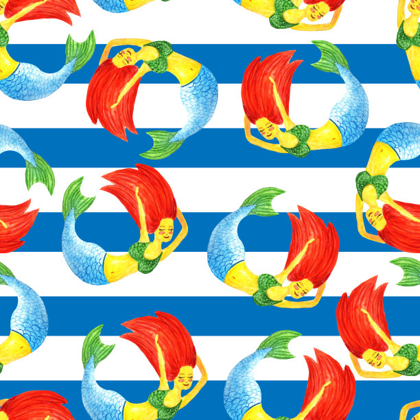 无缝图案从水彩红发美人鱼游泳在一个圈的背景蓝色海条纹像海服图片下载