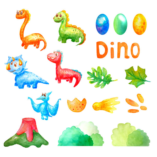 水彩画集可爱的恐龙和五颜六色的蛋，火山，树叶，彗星，台阶，灌木丛和迪诺字在一个白色的背景孤立图片下载