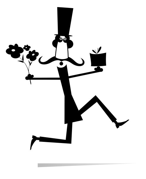 奔跑的男子与一束花和目前孤立的插图图片下载