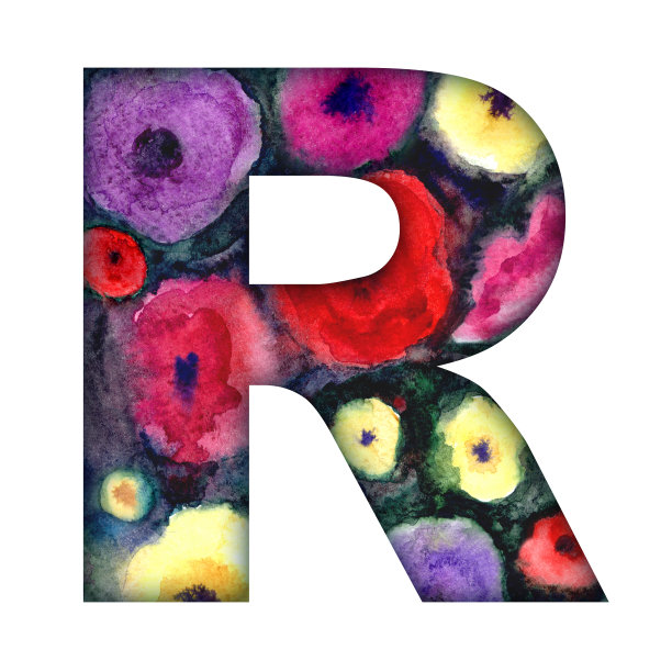 拉丁字母中的字母R，带有水彩花的纹理图片下载