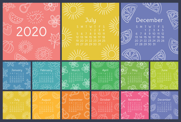 日历2020彩色手绘草图。墙英语日历。涂鸦花、心、叶、草莓、西瓜、太阳、雪花、南瓜、梨。薄刷图图片下载