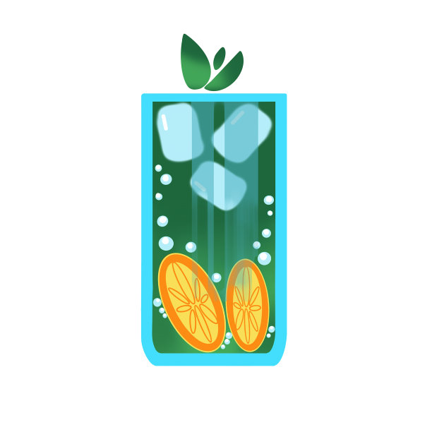 傻乎乎的绿色饮料杯，上面有泡泡，橙色和冰，白色背景上的绿叶图片下载