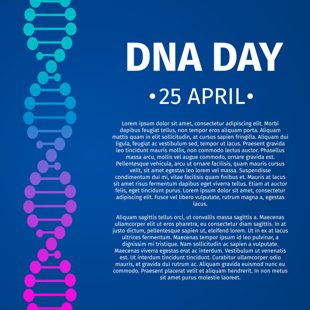 DNA日排版海报。人类DNA分子的氖螺旋结构。科学概念矢量图解。易于编辑模板横幅，传单，小册子，贺卡等。图片下载