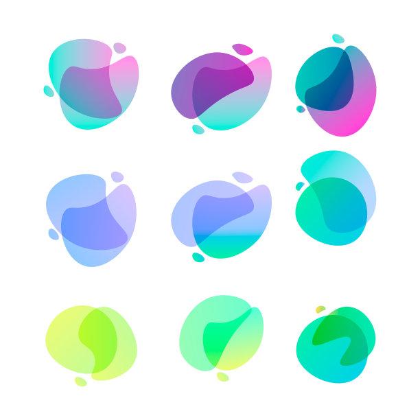 明亮的抽象的形状。一套九个梯度彩色形式。流动的液体污渍。水彩污渍。易于编辑矢量元素的设计横幅，标志等图片下载