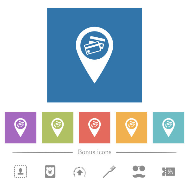 信用卡接受GPS地图定位平面白色图标在方形背景图片下载