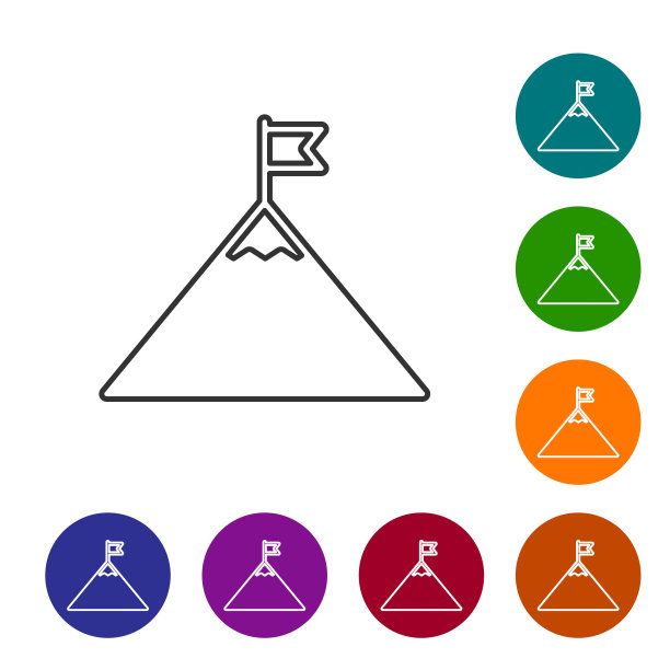 灰色山脉和旗帜在顶部线图标孤立的白色背景。象征胜利或成功的概念。矢量图图片下载