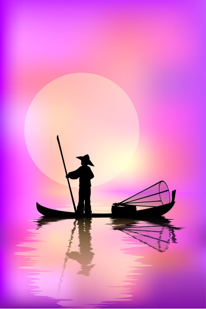 粉色背景下的一艘船上的渔夫。亚洲人在水里钓鱼。东方国家的渔业。太阳，大海，船上的渔夫。图片下载