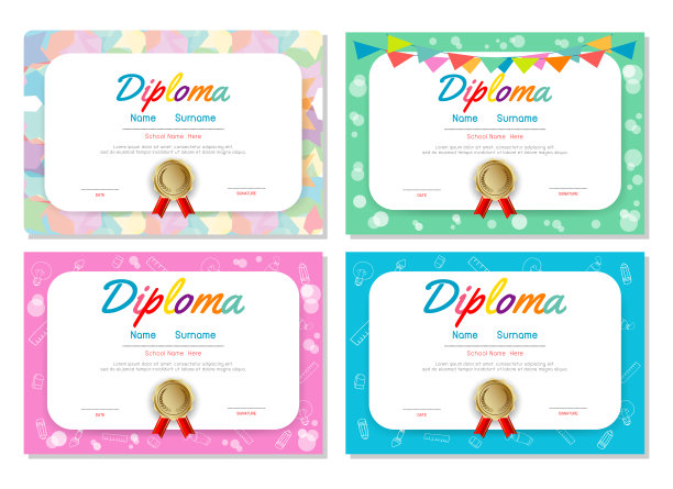 一套幼儿园及小学证书、幼儿文凭证书图案设计模板、幼儿园学生文凭模板、幼儿文凭证书图案设计模板图片下载