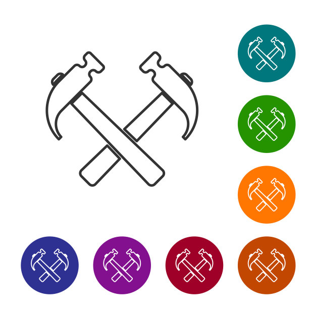 灰色两个交叉的锤子线图标孤立在白色背景。修复的工具。设置图标在颜色圈按钮。矢量图图片下载