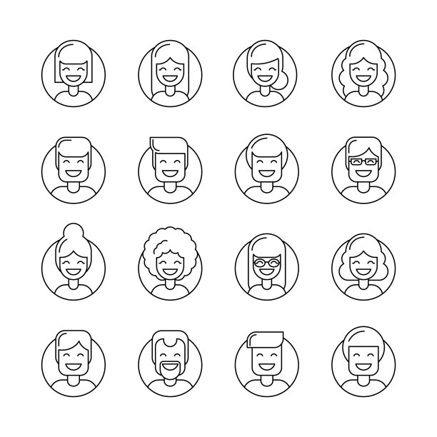 有趣的卡通人物头像线向量图标设置图片下载