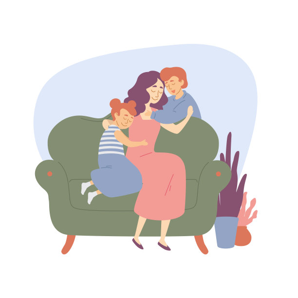 幸福家庭母亲拥抱儿女儿女兄妹相爱，幸福美满。图片下载