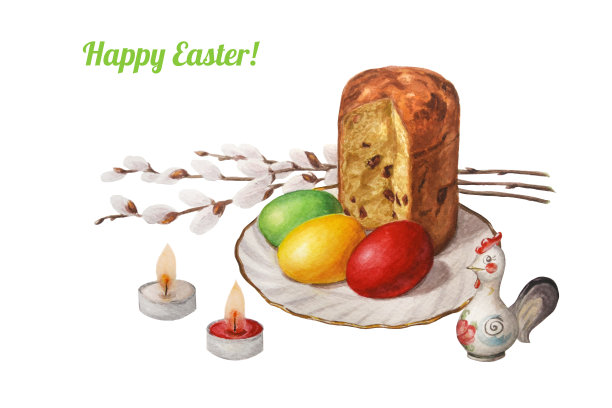复活节快乐!用柳枝、复活节蛋糕、彩绘彩蛋、公鸡雕像和两支燃烧的蜡烛组成的画面，显得非常美丽。为了明信片和问候。图片下载